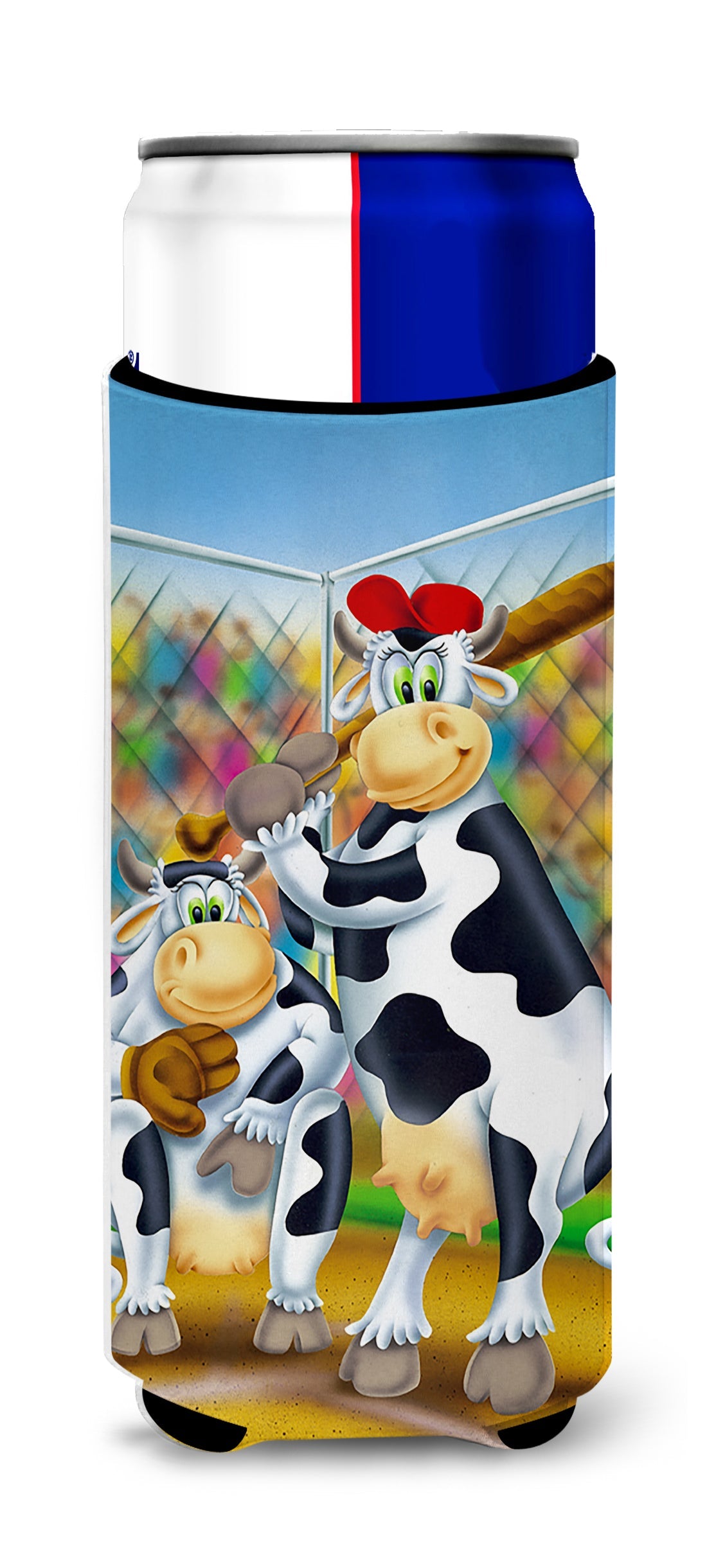 Cow playing Baseball Slim Can Hugger , Insulated Foam Hugger for 12 oz Slim Cans, Beer Bottles & Water Bottles, Printed in USA
