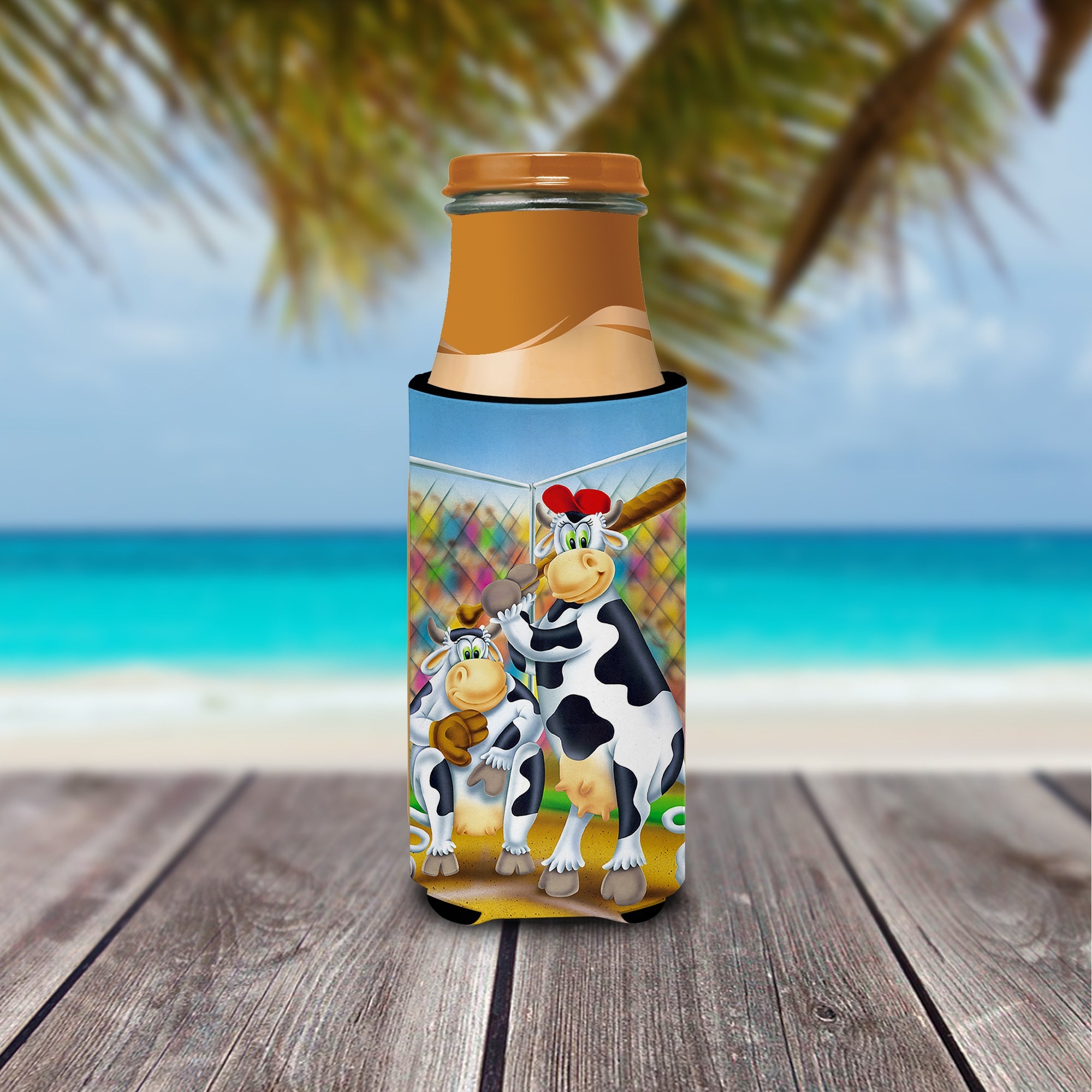 Cow playing Baseball Slim Can Hugger , Insulated Foam Hugger for 12 oz Slim Cans, Beer Bottles & Water Bottles, Printed in USA