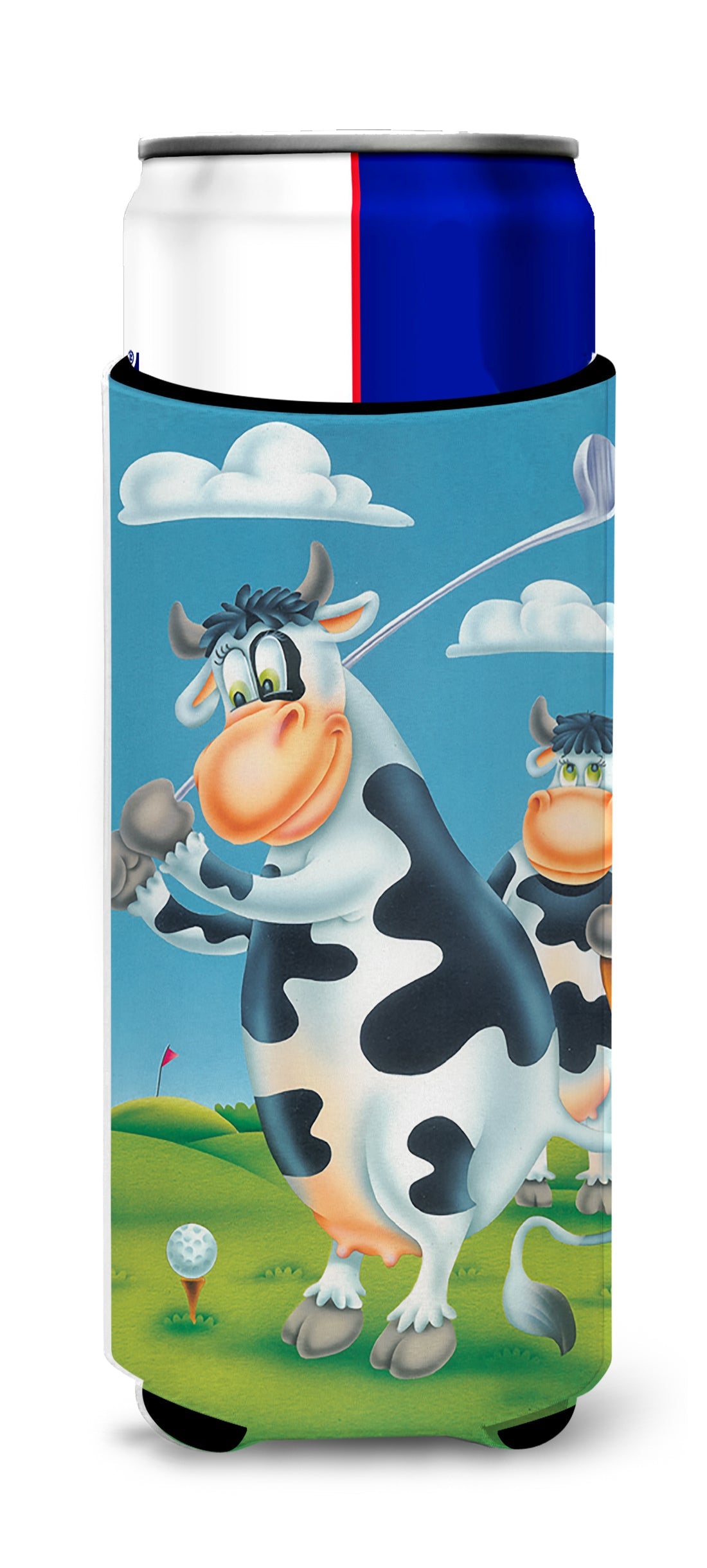 Cow playing Golf Slim Can Hugger , Insulated Foam Hugger for 12 oz Slim Cans, Beer Bottles & Water Bottles, Printed in USA