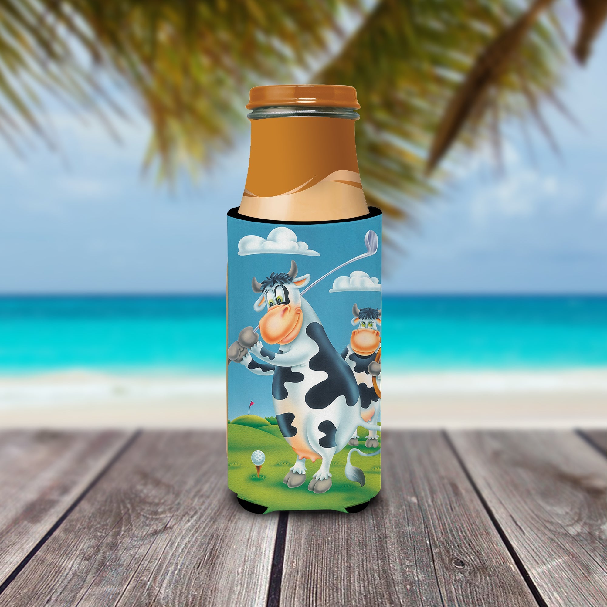 Cow playing Golf Slim Can Hugger , Insulated Foam Hugger for 12 oz Slim Cans, Beer Bottles & Water Bottles, Printed in USA