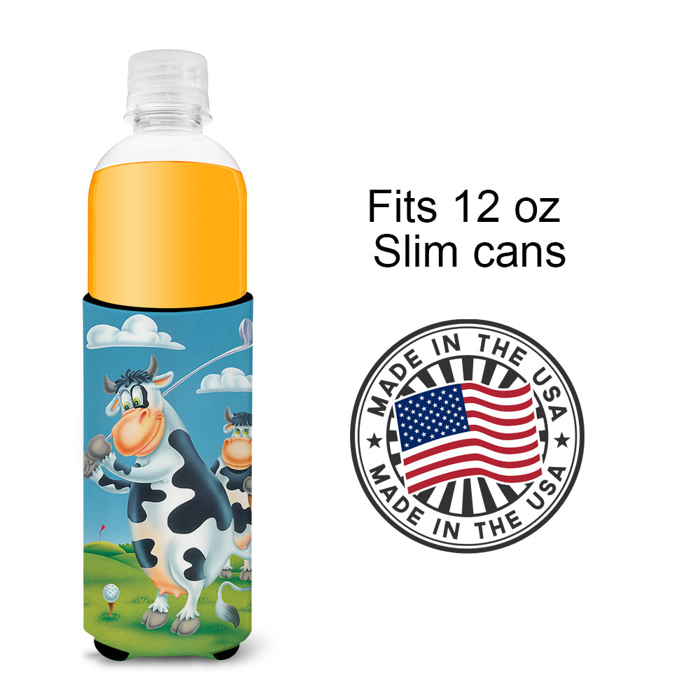 Cow playing Golf Slim Can Hugger , Insulated Foam Hugger for 12 oz Slim Cans, Beer Bottles & Water Bottles, Printed in USA