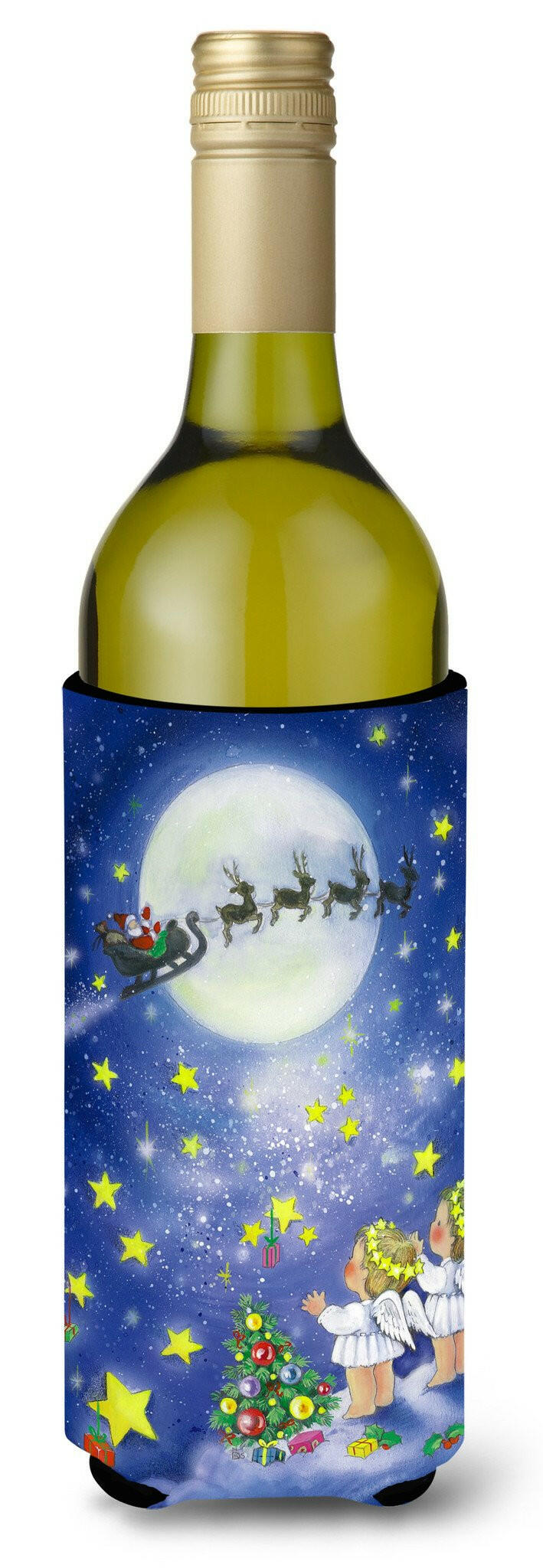 Angels watching Santa Claus Wine Bottle Hugger Gift Sleeve for Standard 750 ml Bottles, Insulated Reusable Also Fits Mini Shot & Pint Bottles