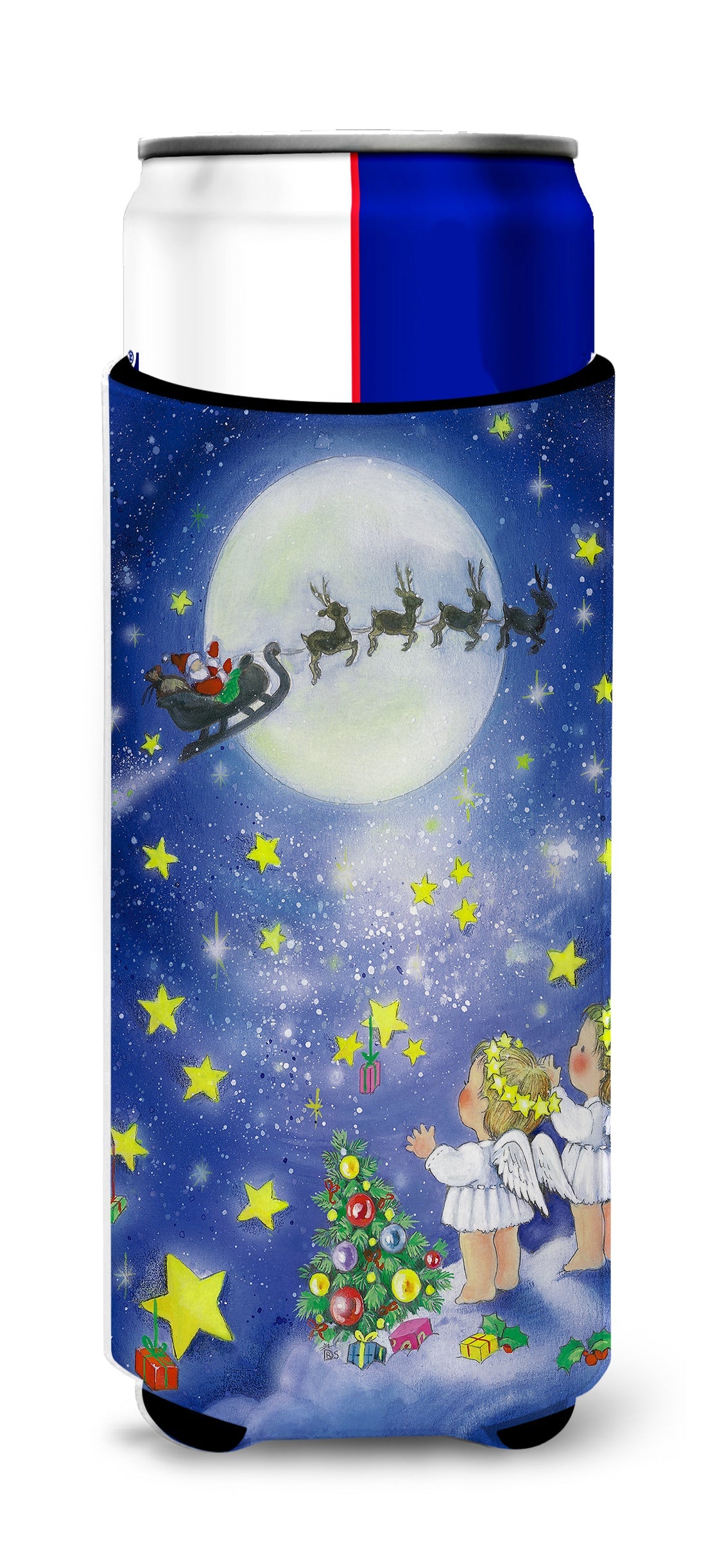 Angels watching Santa Claus Slim Can Hugger , Insulated Foam Hugger for 12 oz Slim Cans, Beer Bottles & Water Bottles, Printed in USA