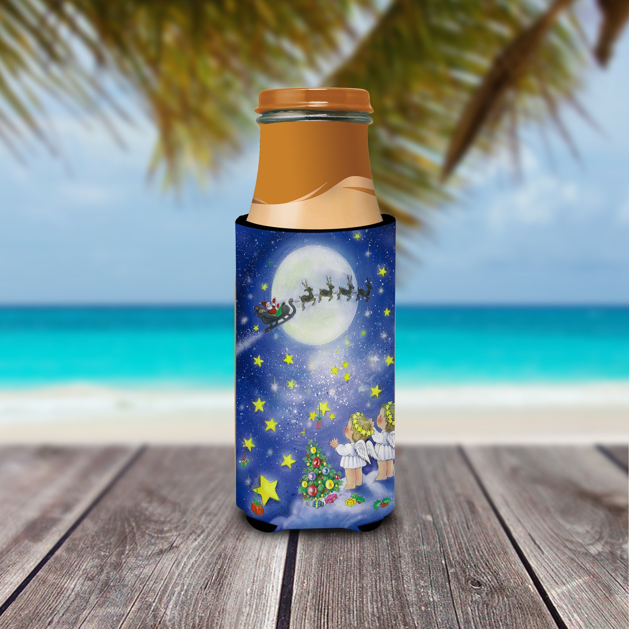 Angels watching Santa Claus Slim Can Hugger , Insulated Foam Hugger for 12 oz Slim Cans, Beer Bottles & Water Bottles, Printed in USA