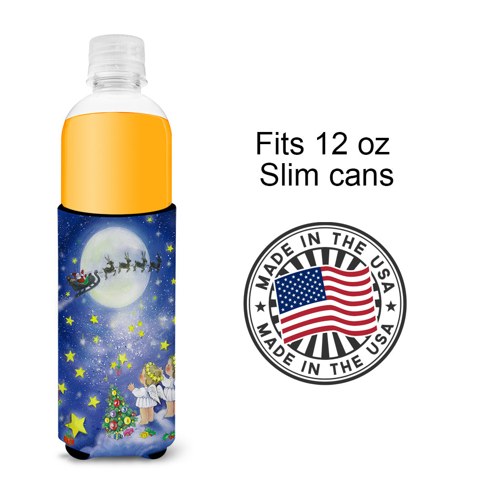 Angels watching Santa Claus Slim Can Hugger , Insulated Foam Hugger for 12 oz Slim Cans, Beer Bottles & Water Bottles, Printed in USA