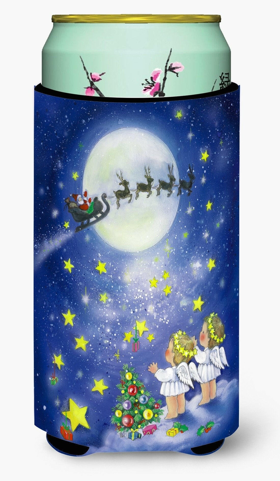 Angels watching Santa Claus Tall Boy Hugger Can Cooler Sleeve Machine Washable Drink Collapsible Insulator Beverage Insulated Holder