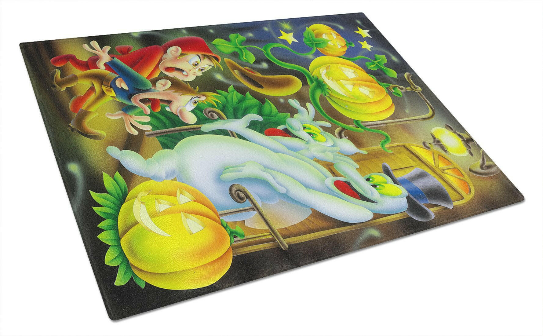 Scary Ghosts and Halloween Trick or Treaters Cutting Board Tempered Glass Kitchen Cutting Surface, Heat Resistant Chopping, Non-Slip Feet, Food Prep & Serving