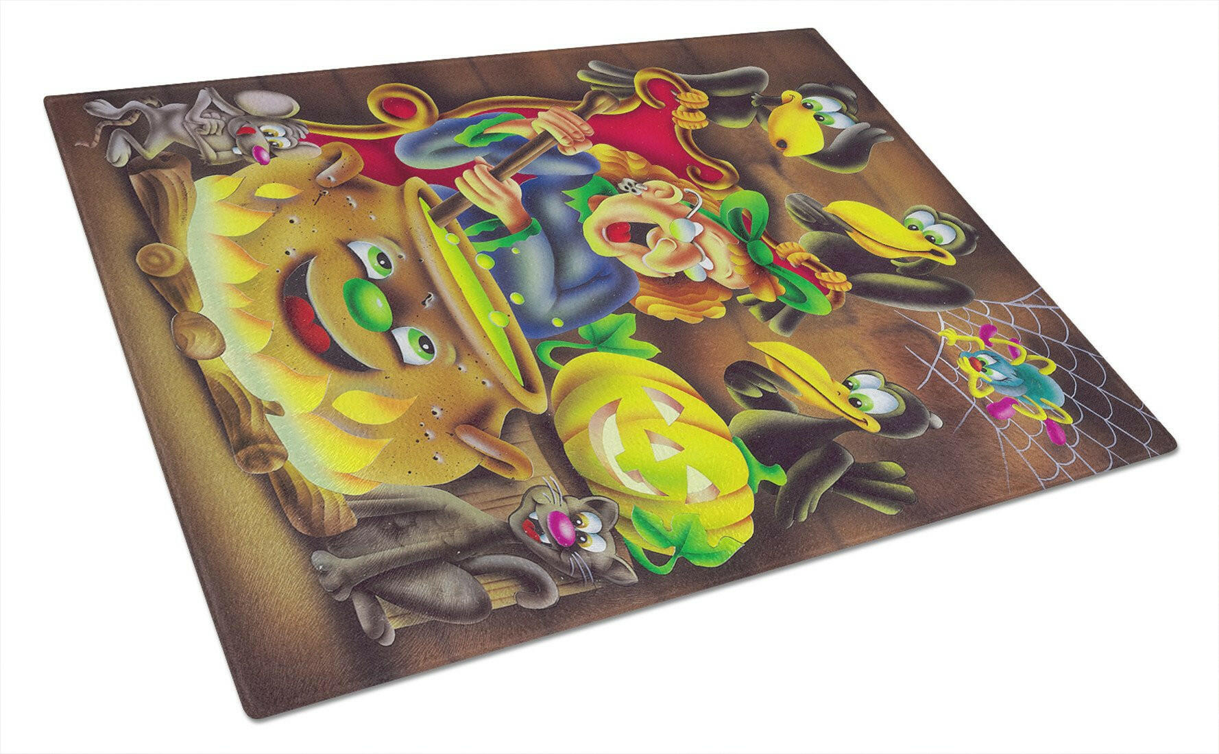 Witch and Crows Stirring it up Halloween Cutting Board Tempered Glass Kitchen Cutting Surface, Heat Resistant Chopping, Non-Slip Feet, Food Prep & Serving
