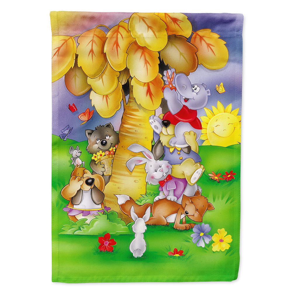 Animals under the coconut tree House Flag 28x40 Porch Sleeve Pole Decorative Outside Yard Banner Artwork Wall Hanging, Polyester