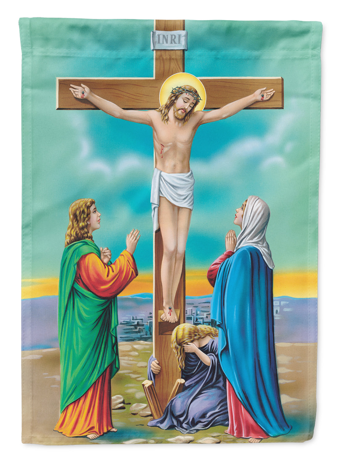 Jesus on the Cross Crucifixion House Flag 28x40 Porch Sleeve Pole Decorative Outside Yard Banner Artwork Wall Hanging, Polyester