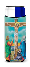 Jesus on the Cross Crucifixion Slim Can Hugger , Insulated Foam Hugger for 12 oz Slim Cans, Beer Bottles & Water Bottles, Printed in USA