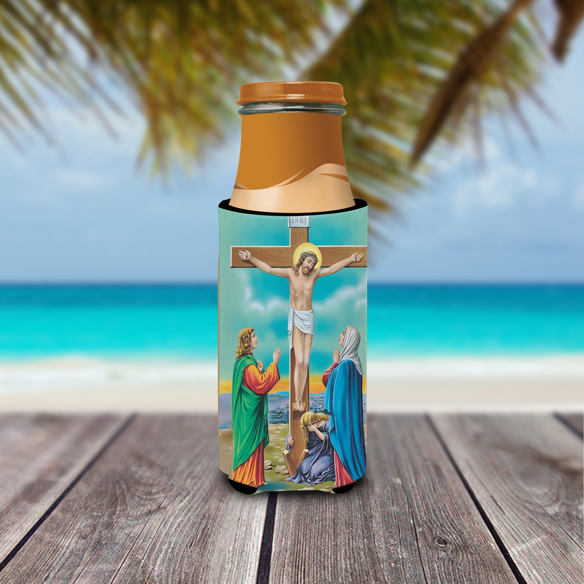Jesus on the Cross Crucifixion Slim Can Hugger , Insulated Foam Hugger for 12 oz Slim Cans, Beer Bottles & Water Bottles, Printed in USA