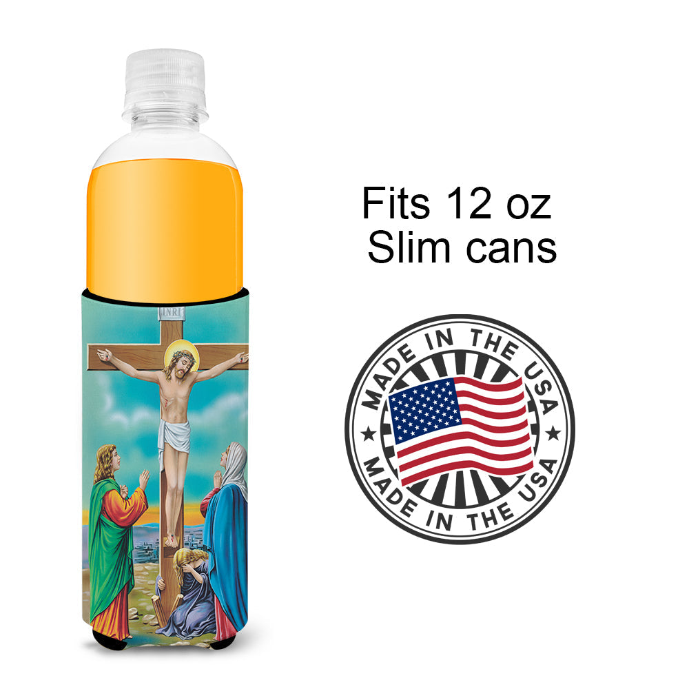 Jesus on the Cross Crucifixion Slim Can Hugger , Insulated Foam Hugger for 12 oz Slim Cans, Beer Bottles & Water Bottles, Printed in USA