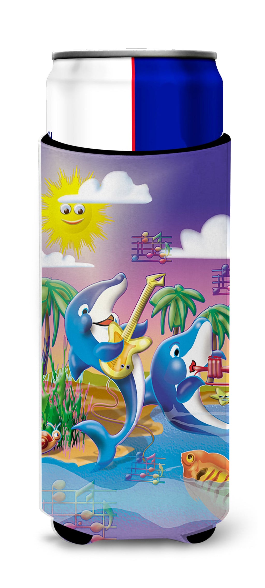 Dolphin's Playing Music Slim Can Hugger , Insulated Foam Hugger for 12 oz Slim Cans, Beer Bottles & Water Bottles, Printed in USA
