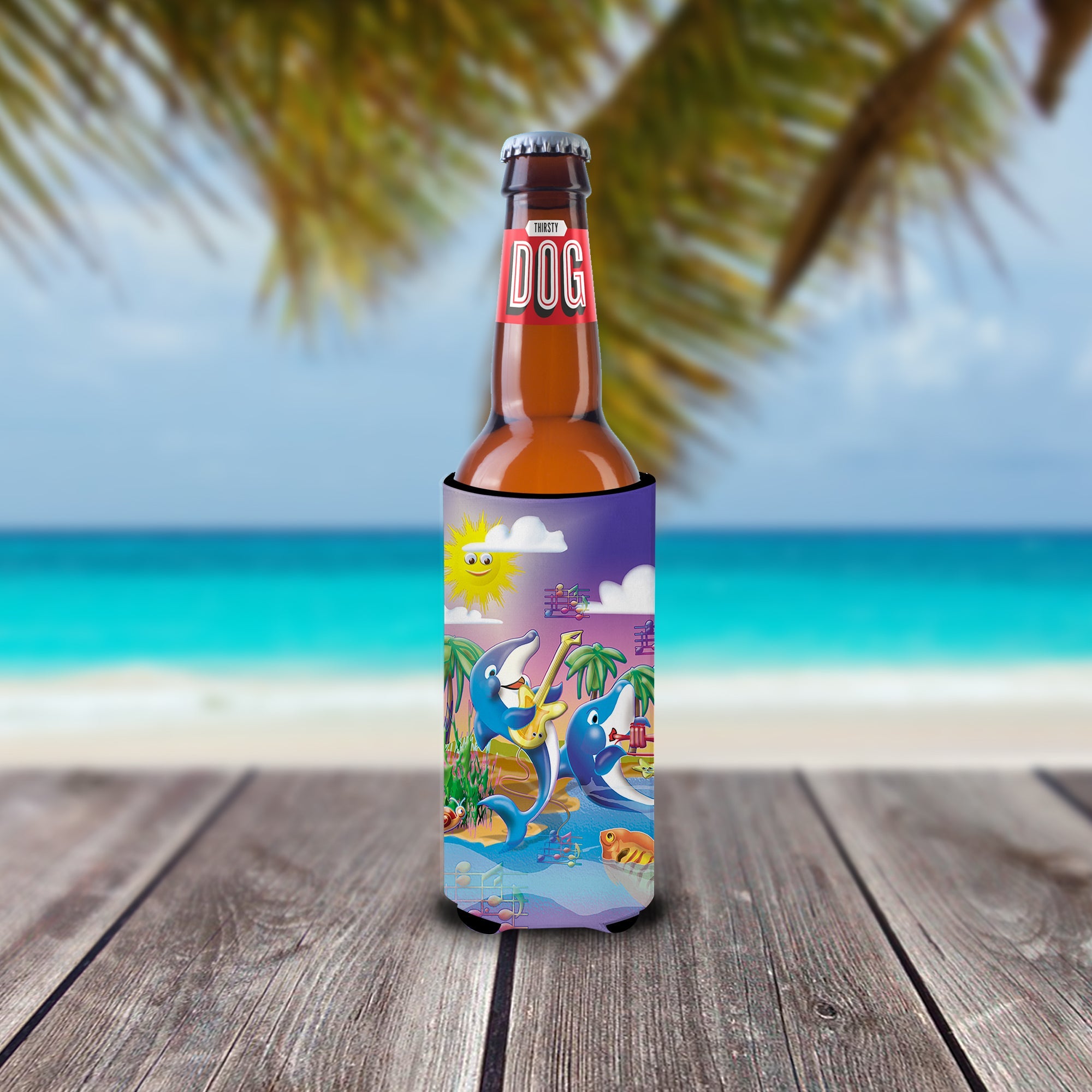 Dolphin's Playing Music Slim Can Hugger , Insulated Foam Hugger for 12 oz Slim Cans, Beer Bottles & Water Bottles, Printed in USA