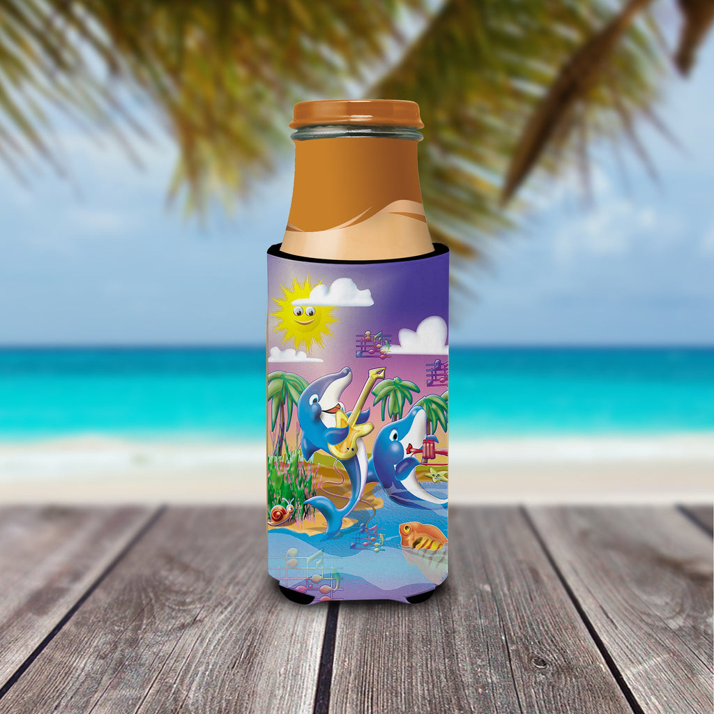Dolphin's Playing Music Slim Can Hugger , Insulated Foam Hugger for 12 oz Slim Cans, Beer Bottles & Water Bottles, Printed in USA