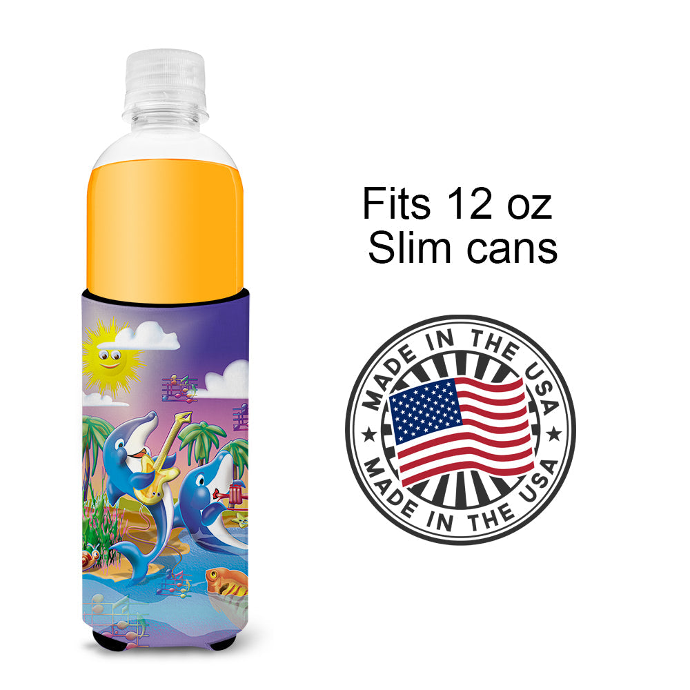 Dolphin's Playing Music Slim Can Hugger , Insulated Foam Hugger for 12 oz Slim Cans, Beer Bottles & Water Bottles, Printed in USA