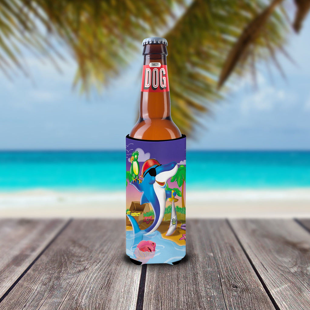Dolphin Pirate Slim Can Hugger , Insulated Foam Hugger for 12 oz Slim Cans, Beer Bottles & Water Bottles, Printed in USA
