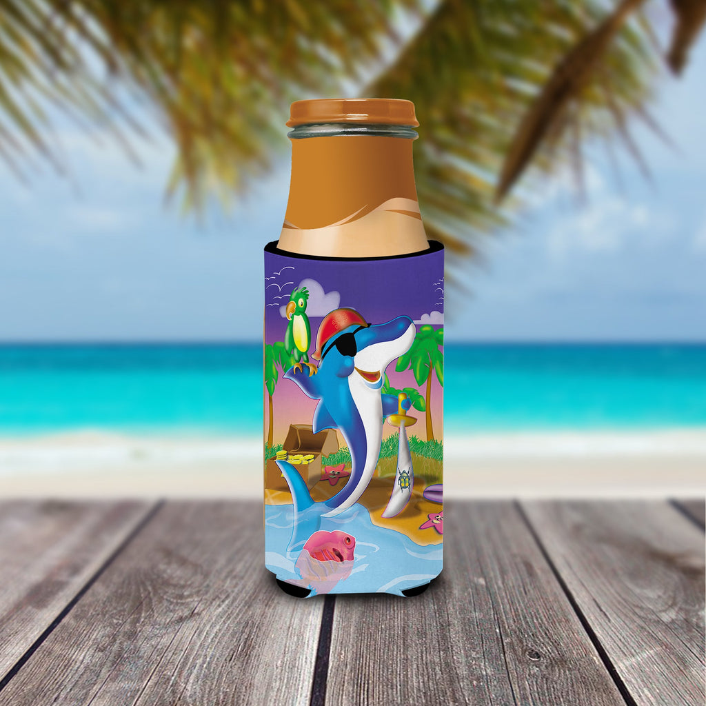 Dolphin Pirate Slim Can Hugger , Insulated Foam Hugger for 12 oz Slim Cans, Beer Bottles & Water Bottles, Printed in USA