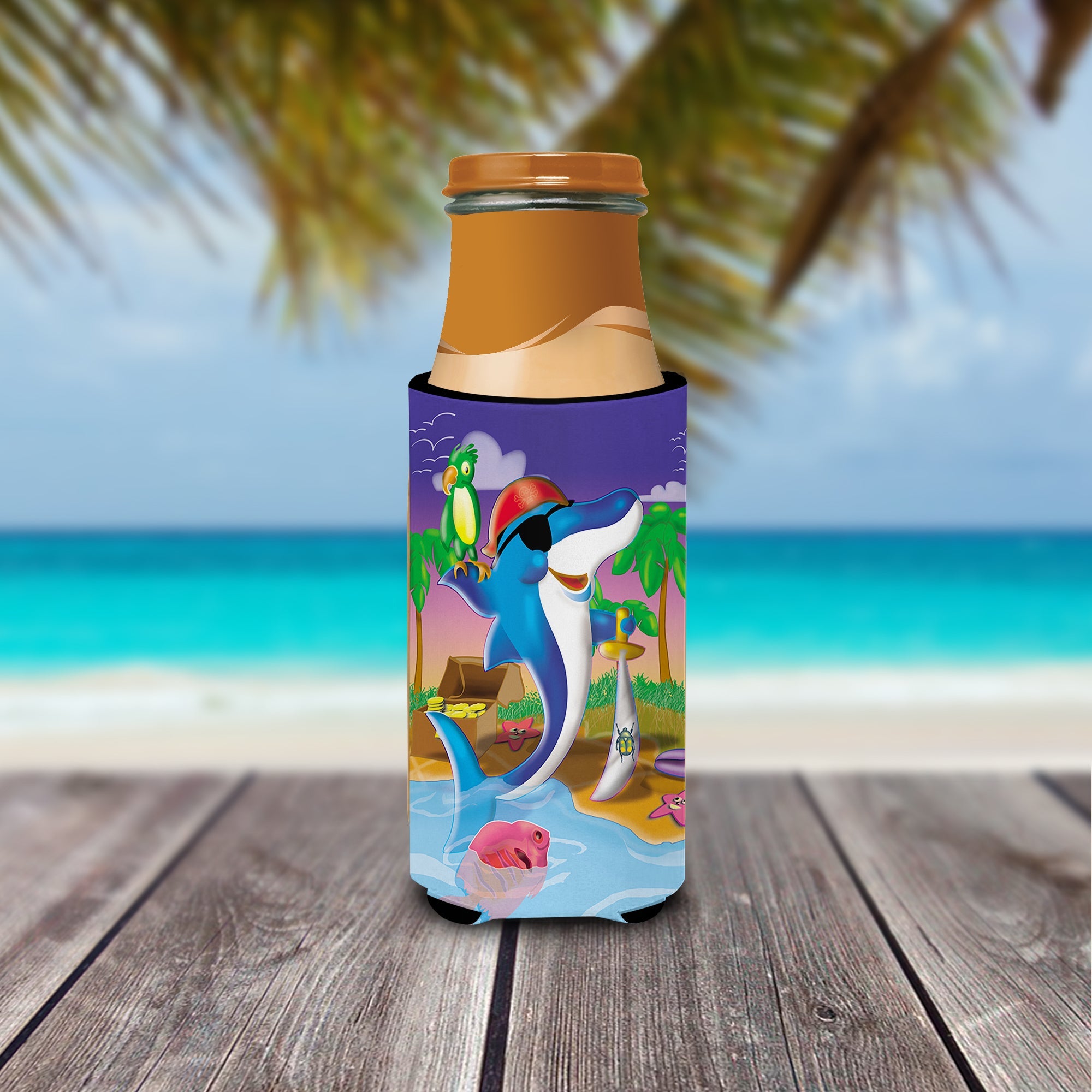 Dolphin Pirate Slim Can Hugger , Insulated Foam Hugger for 12 oz Slim Cans, Beer Bottles & Water Bottles, Printed in USA