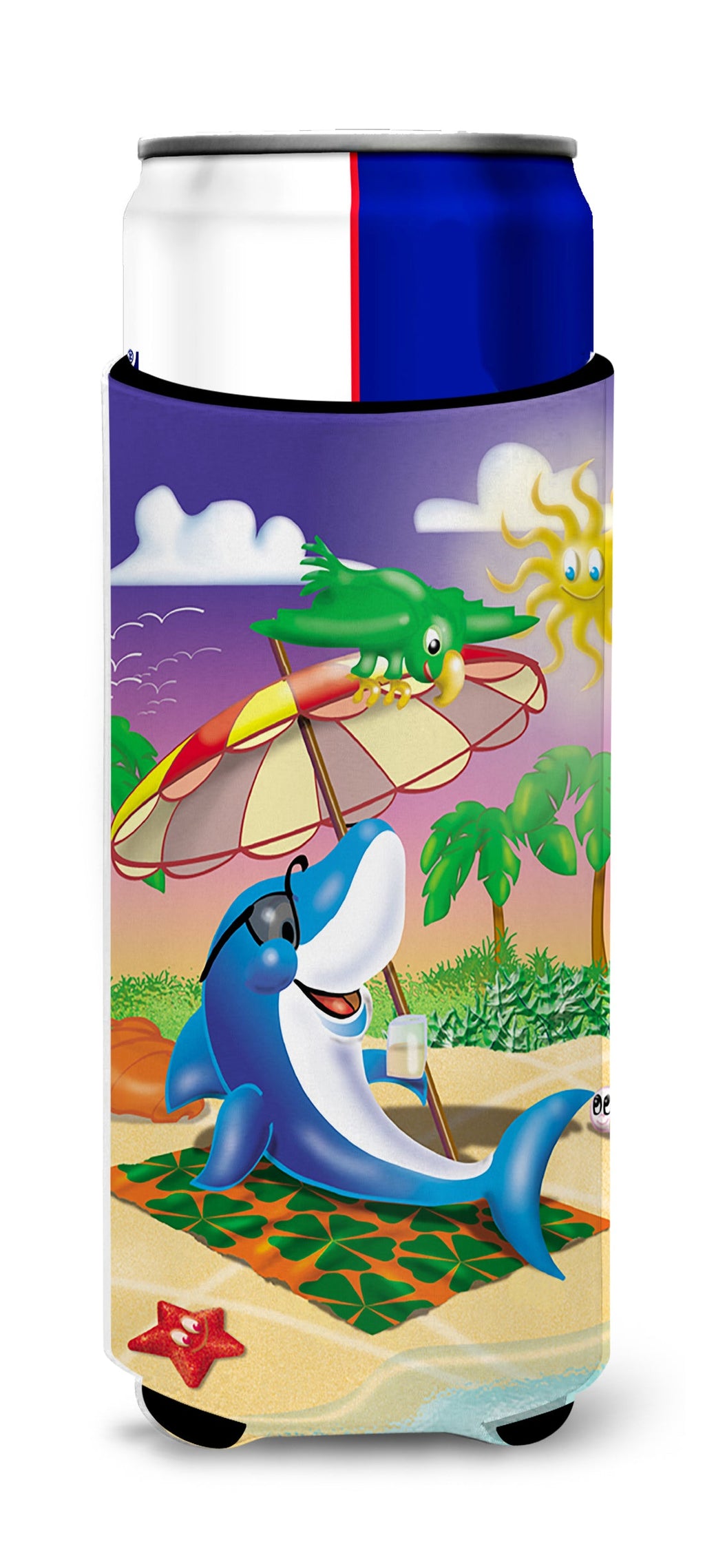 Dolphin Sunning on the Beach Slim Can Hugger , Insulated Foam Hugger for 12 oz Slim Cans, Beer Bottles & Water Bottles, Printed in USA