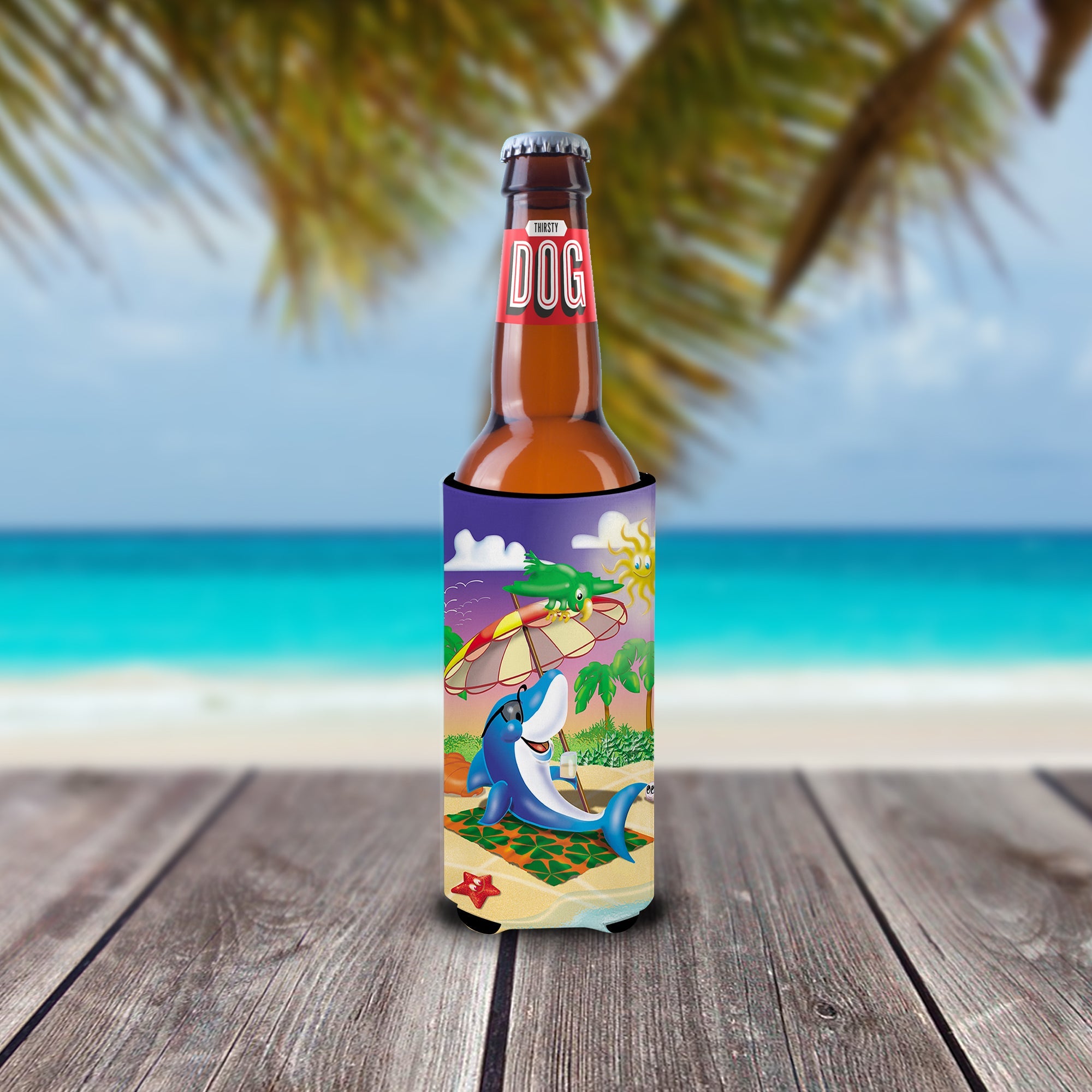 Dolphin Sunning on the Beach Slim Can Hugger , Insulated Foam Hugger for 12 oz Slim Cans, Beer Bottles & Water Bottles, Printed in USA