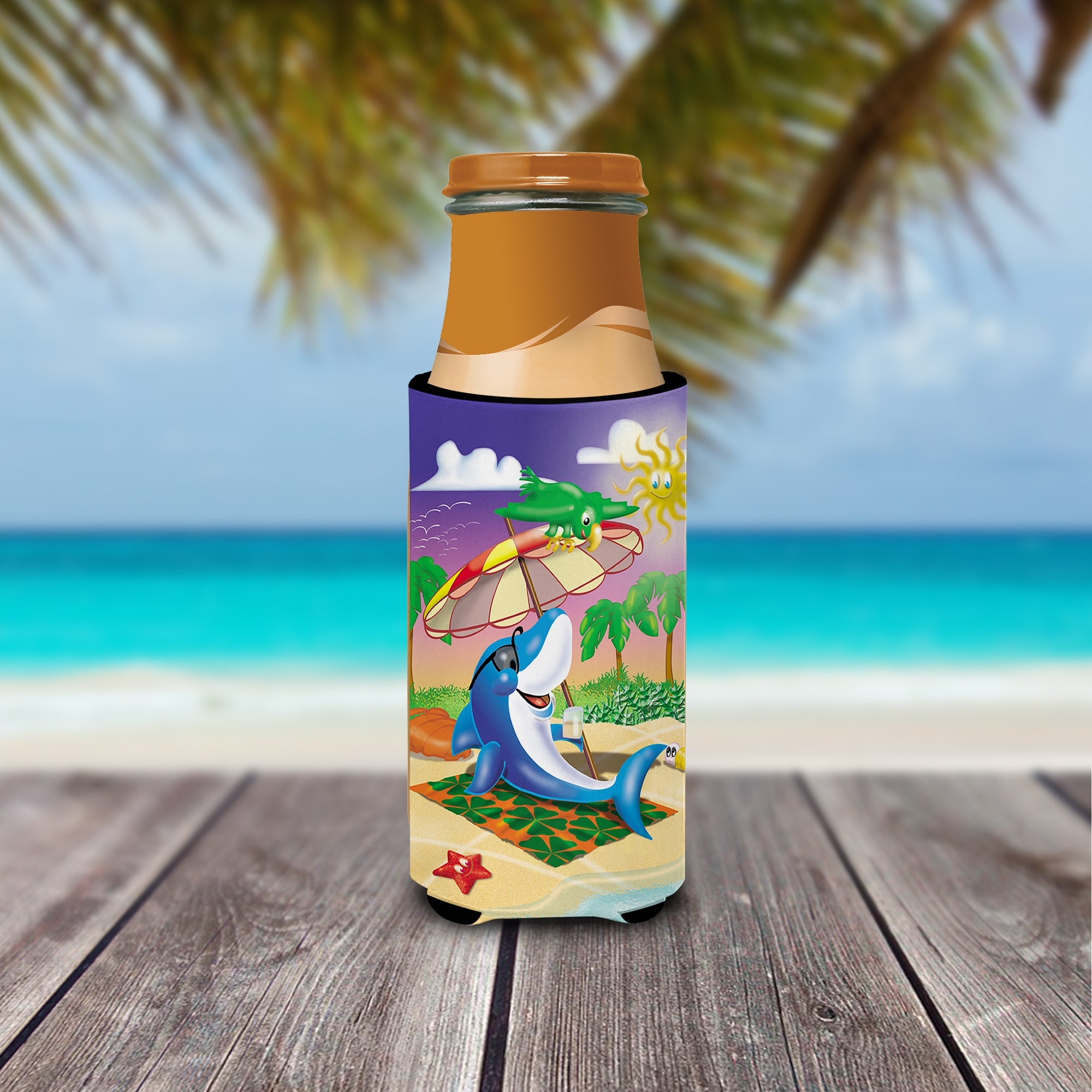 Dolphin Sunning on the Beach Slim Can Hugger , Insulated Foam Hugger for 12 oz Slim Cans, Beer Bottles & Water Bottles, Printed in USA