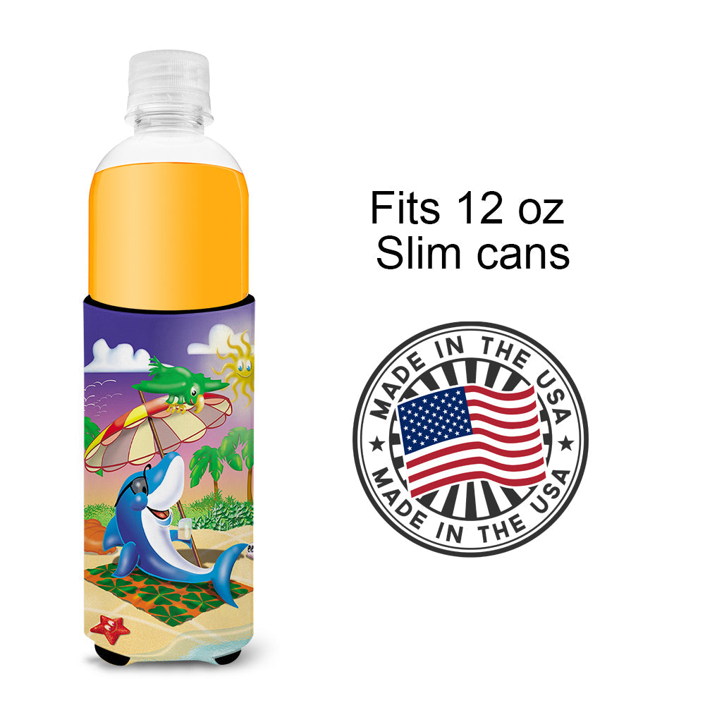 Dolphin Sunning on the Beach Slim Can Hugger , Insulated Foam Hugger for 12 oz Slim Cans, Beer Bottles & Water Bottles, Printed in USA