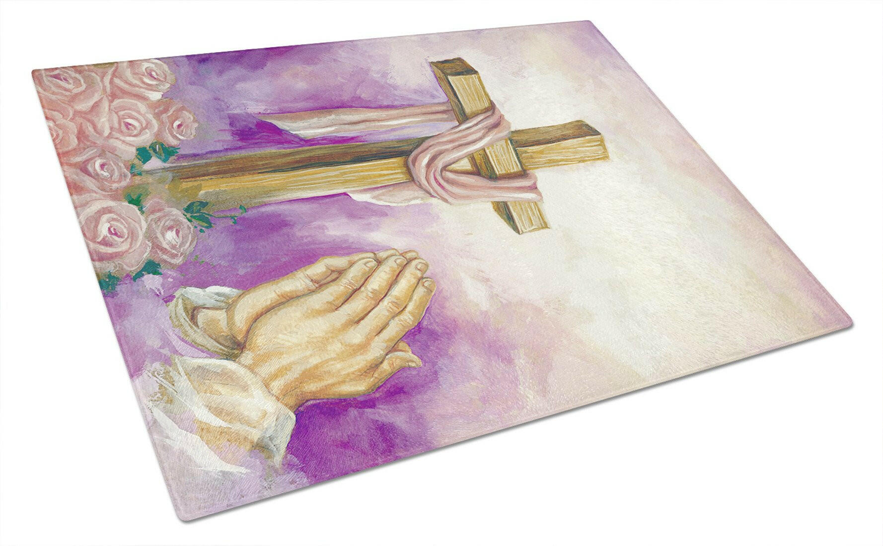Easter Cross with Praying Hands Cutting Board Tempered Glass Kitchen Cutting Surface, Heat Resistant Chopping, Non-Slip Feet, Food Prep & Serving