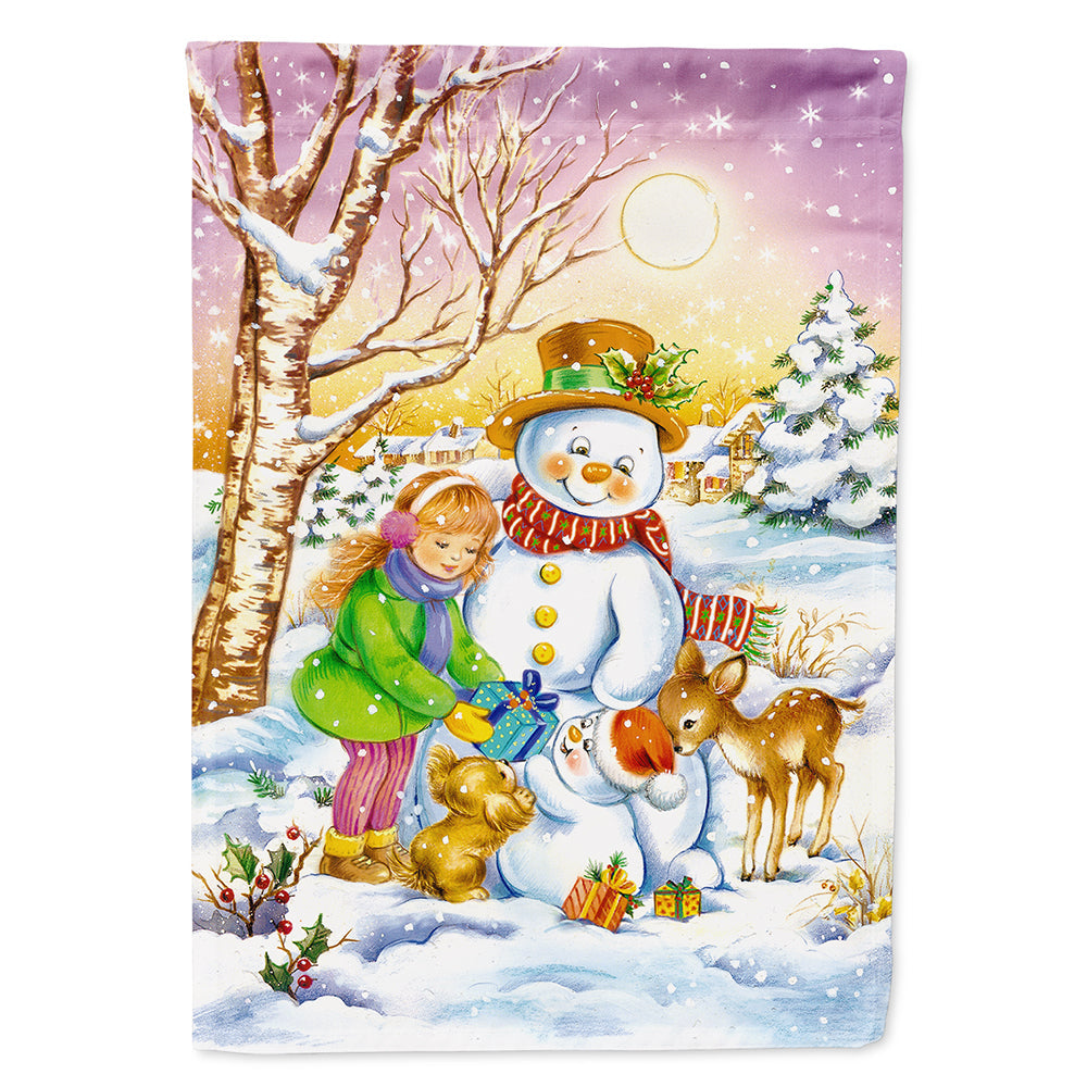 Girl and Animals with Snowman House Flag 28x40 Porch Sleeve Pole Decorative Outside Yard Banner Artwork Wall Hanging, Polyester