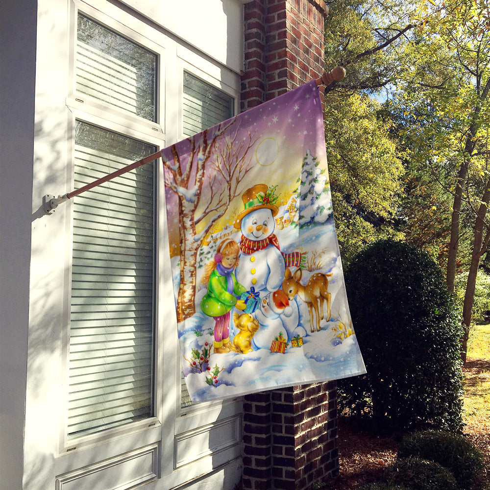 Girl and Animals with Snowman House Flag 28x40 Porch Sleeve Pole Decorative Outside Yard Banner Artwork Wall Hanging, Polyester