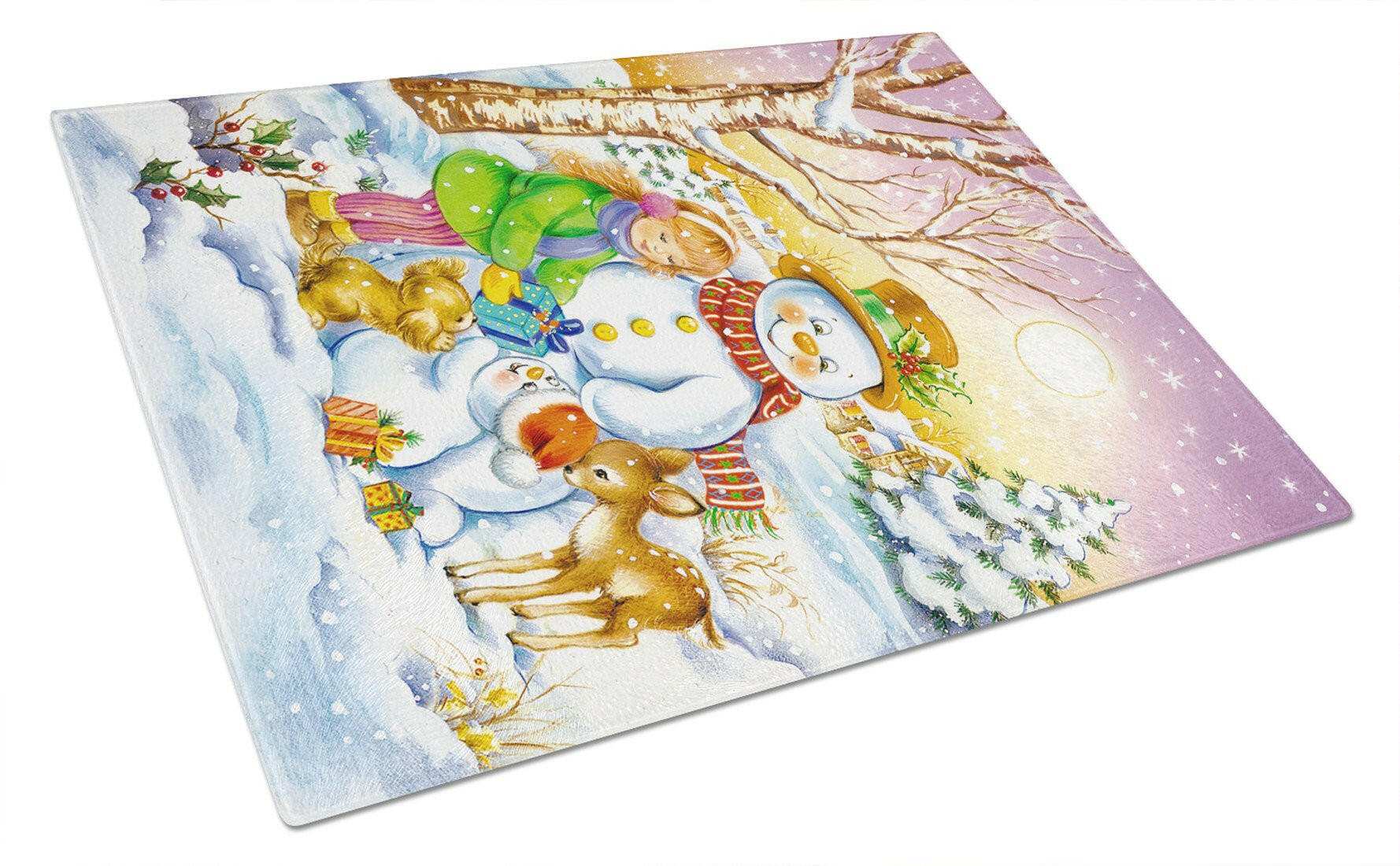 Girl and Animals with Snowman Cutting Board Tempered Glass Kitchen Cutting Surface, Heat Resistant Chopping, Non-Slip Feet, Food Prep & Serving