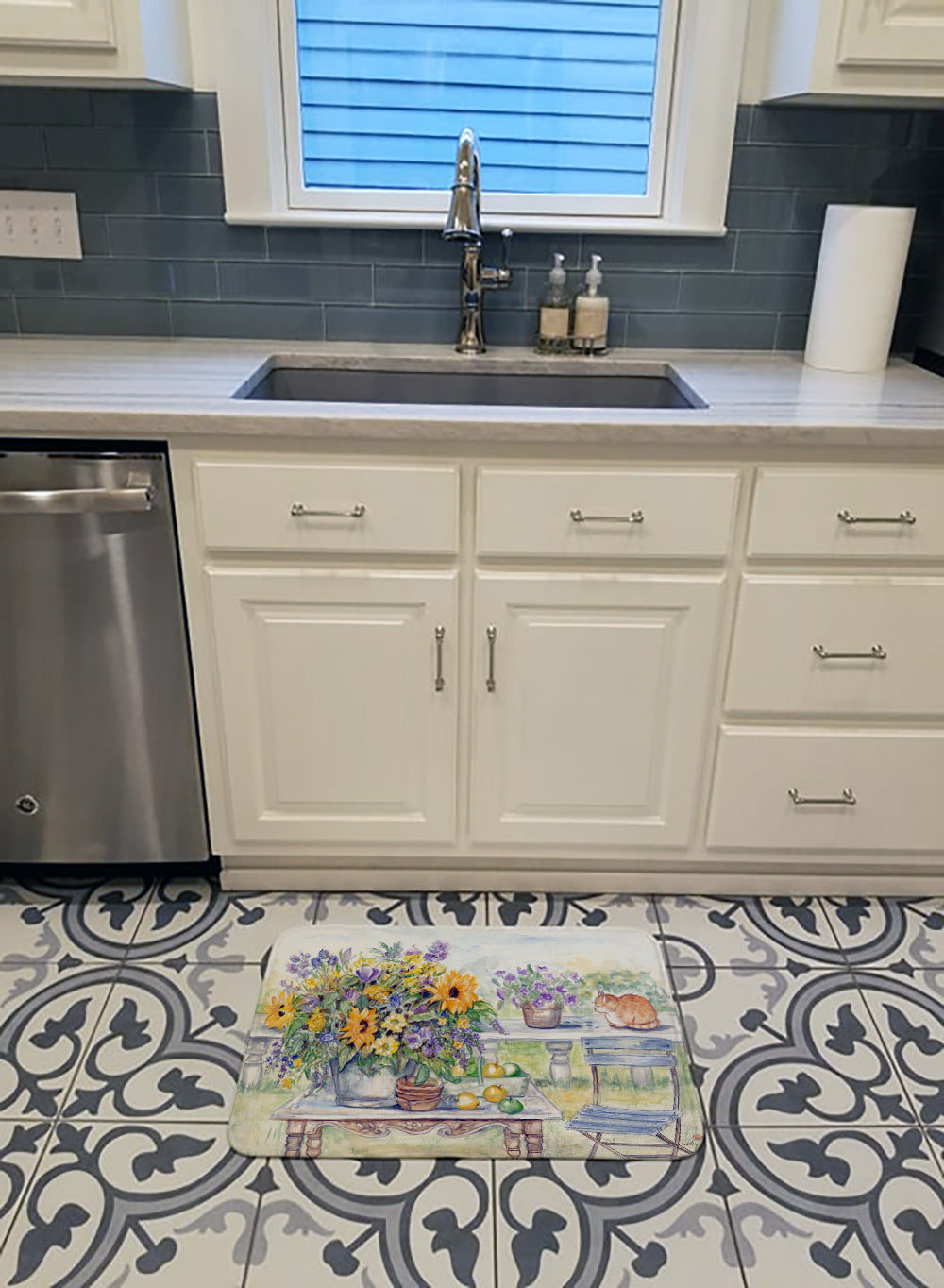 Patio Bouquet of Flowers Memory Foam Kitchen Mat Machine Washable Anti-Fatigue Cushion Comfort Bath or Kitchen Rug