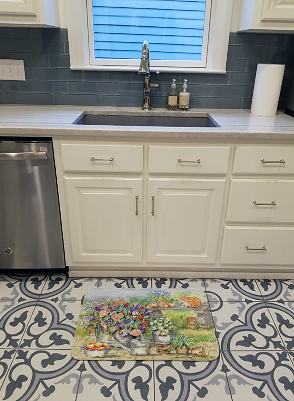 Patio Bouquet and Cat Memory Foam Kitchen Mat Machine Washable Anti-Fatigue Cushion Comfort Bath or Kitchen Rug