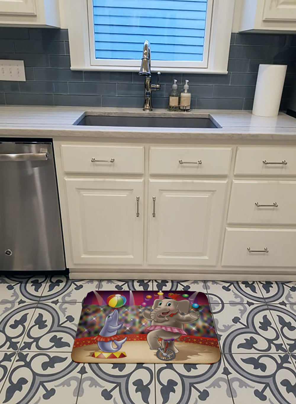 Circus Elephand and Dolphin Memory Foam Kitchen Mat Machine Washable Anti-Fatigue Cushion Comfort Bath or Kitchen Rug