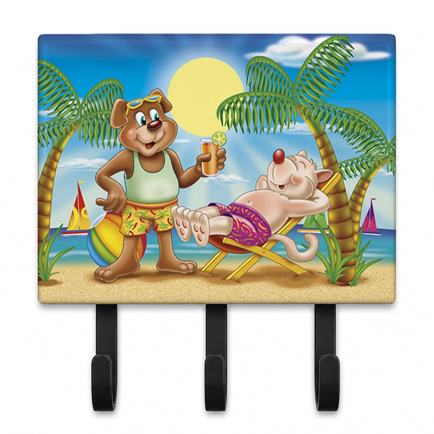Bears Relaxing at the Beach Leash or Key Holder Wall Hooks, Coat Rack Wall Mount, for Hanging Keys, Towels, Aprons, Leashes