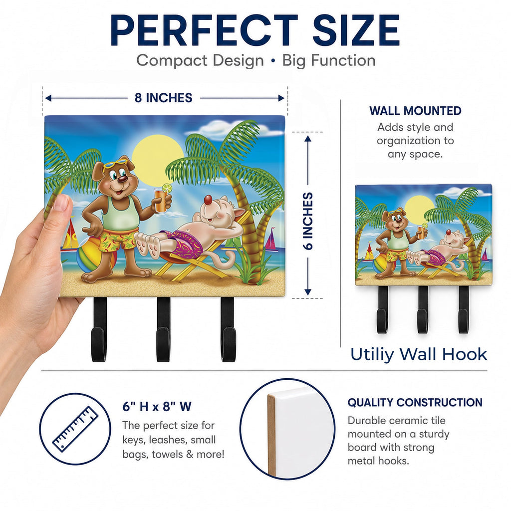 Bears Relaxing at the Beach Leash or Key Holder Wall Hooks, Coat Rack Wall Mount, for Hanging Keys, Towels, Aprons, Leashes