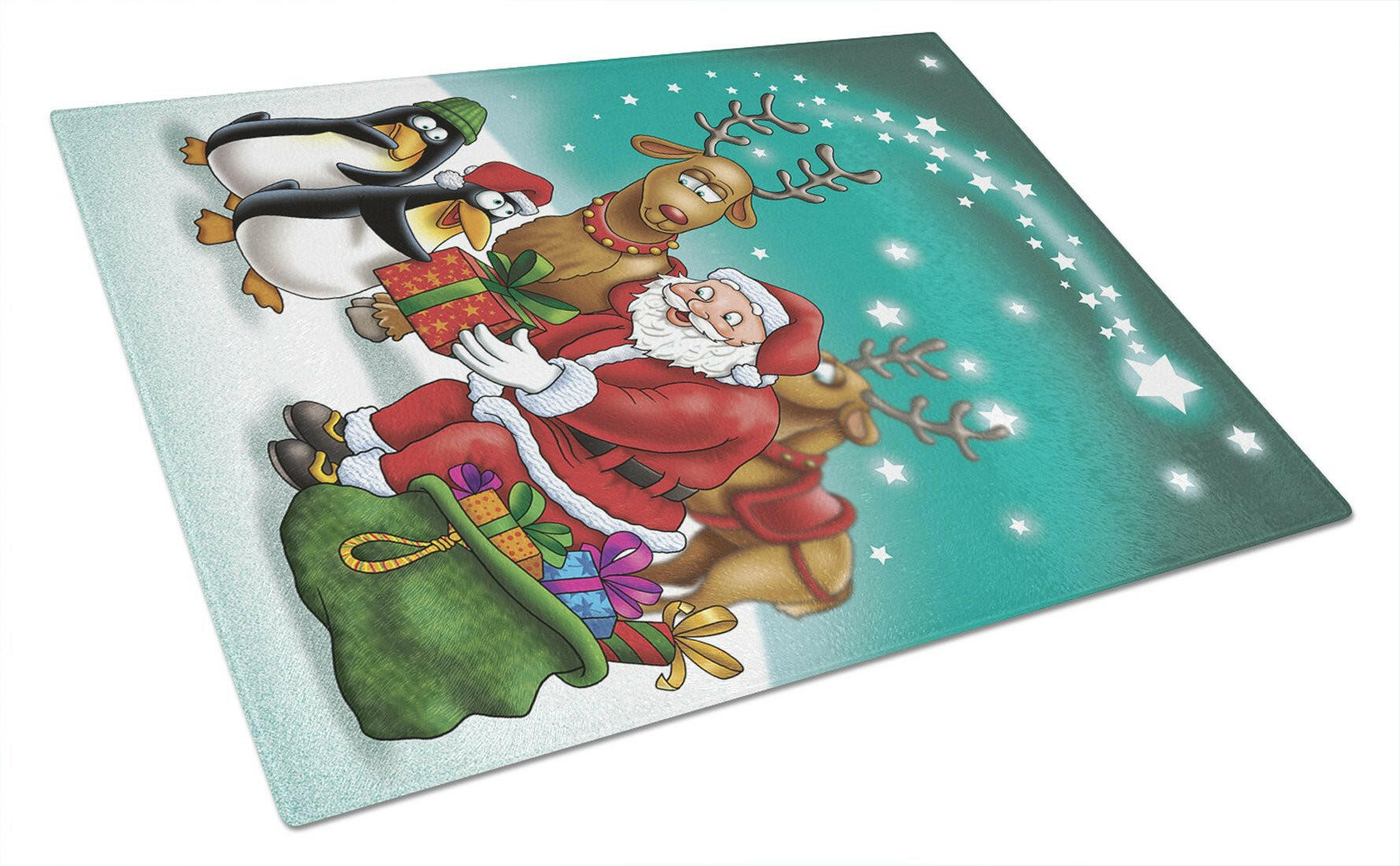 Santa Claus Christmas with the penguins Cutting Board Tempered Glass Kitchen Cutting Surface, Heat Resistant Chopping, Non-Slip Feet, Food Prep & Serving
