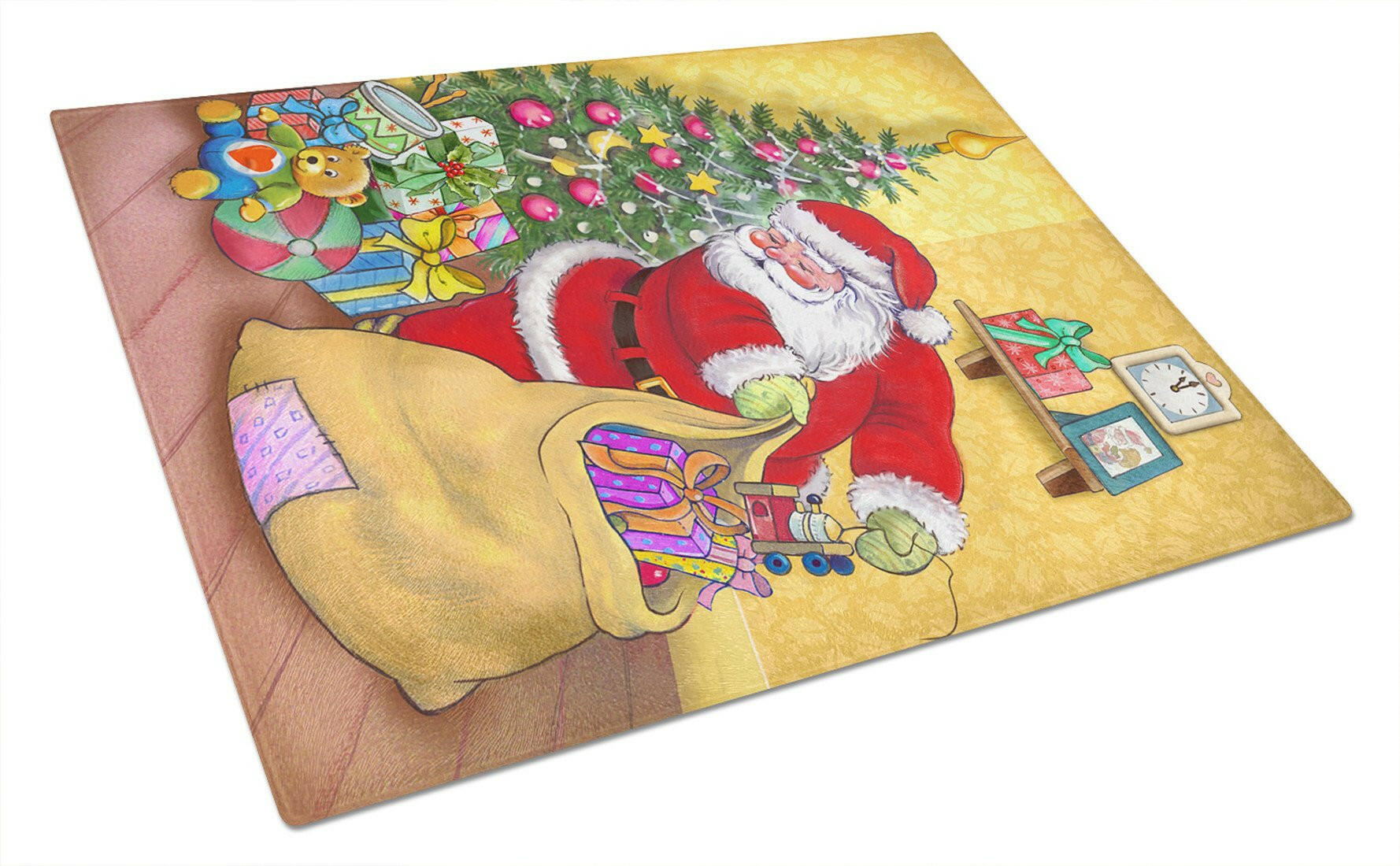 Christmas Santa and His Toys Cutting Board Tempered Glass Kitchen Cutting Surface, Heat Resistant Chopping, Non-Slip Feet, Food Prep & Serving