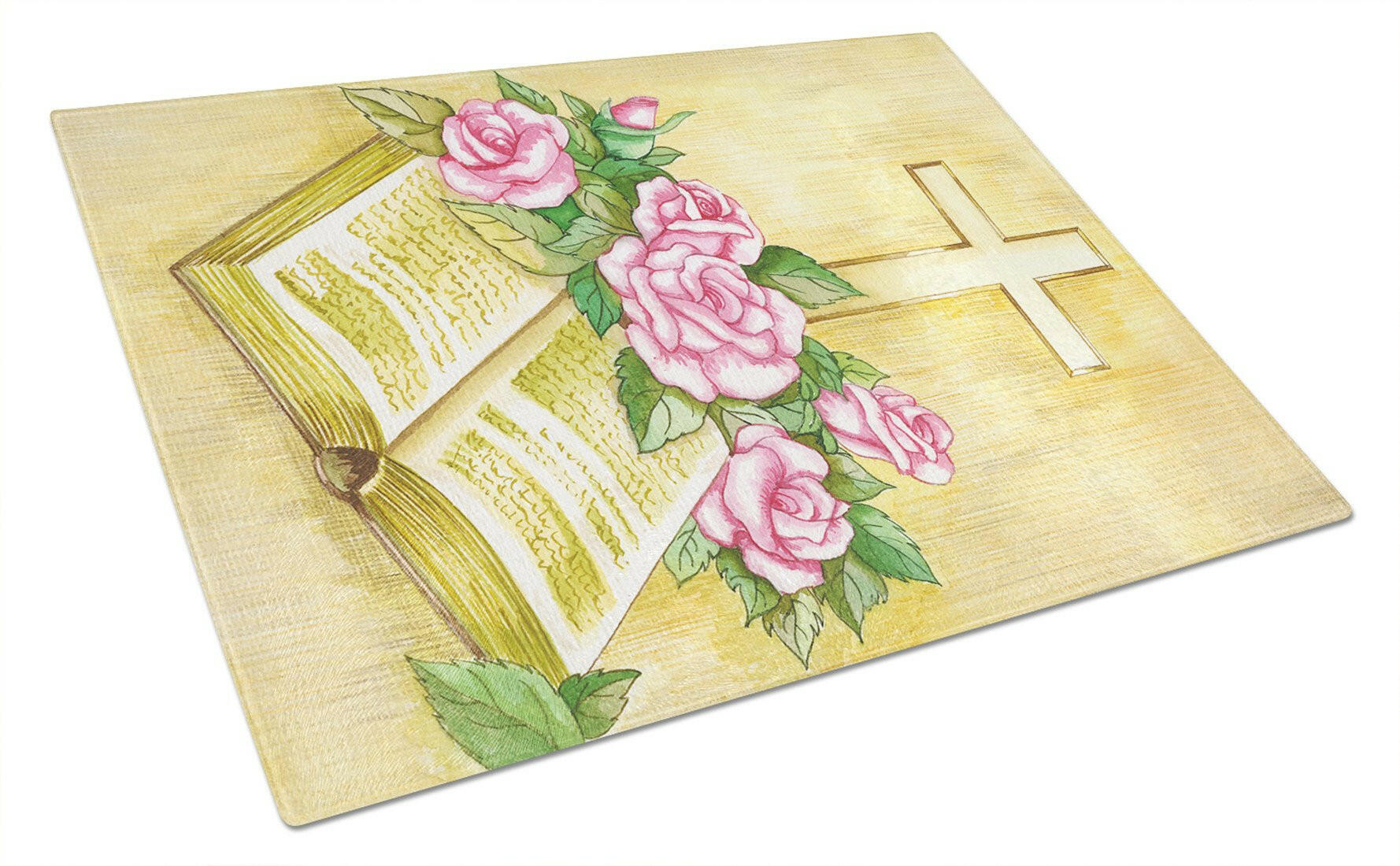 Easter Cross and Bible with Roses Cutting Board Tempered Glass Kitchen Cutting Surface, Heat Resistant Chopping, Non-Slip Feet, Food Prep & Serving