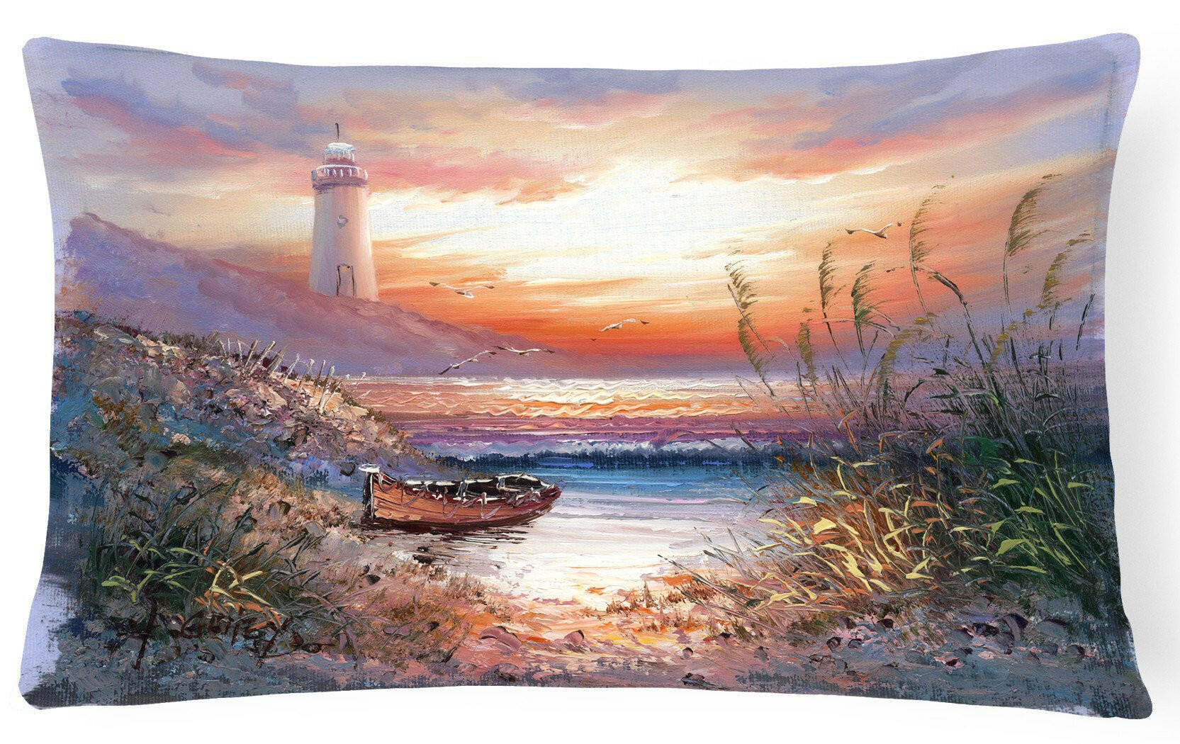 Lighthouse Scene with Boat Decorative Throw Pillow 12x16 Indoor Outdoor Accent Cushion, Fabric Cover with Insert for Sofa, Bed, Porch & Living Room