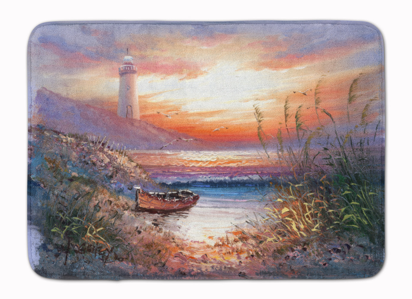 Lighthouse Scene with Boat Memory Foam Kitchen Mat Machine Washable Anti-Fatigue Cushion Comfort Bath or Kitchen Rug
