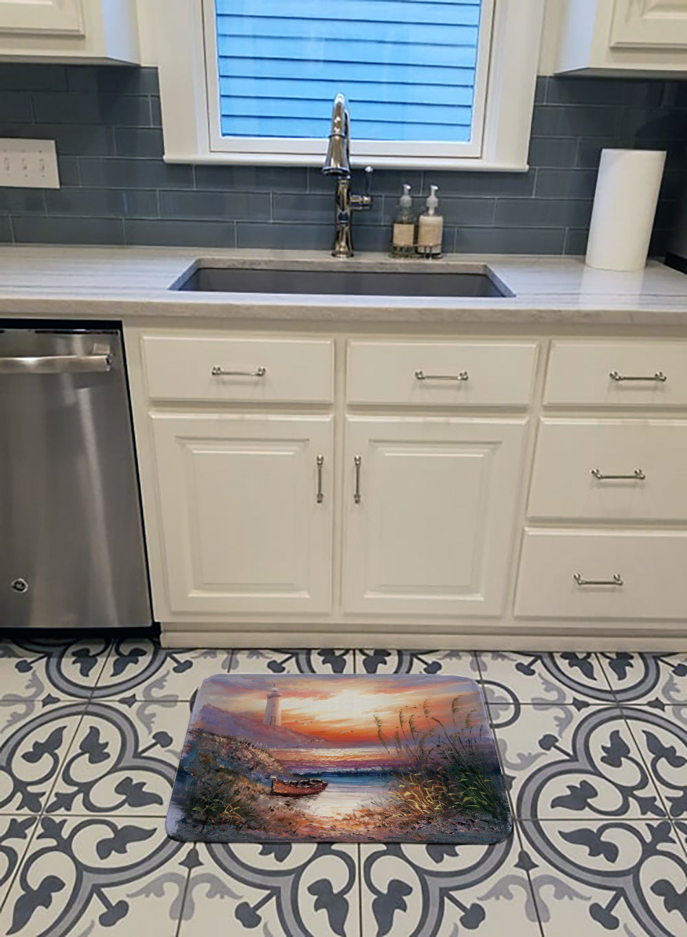 Lighthouse Scene with Boat Memory Foam Kitchen Mat Machine Washable Anti-Fatigue Cushion Comfort Bath or Kitchen Rug