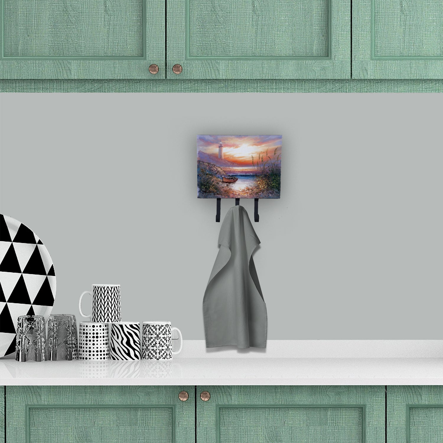 Lighthouse Scene with Boat Leash or Key Holder Wall Hooks, Coat Rack Wall Mount, for Hanging Keys, Towels, Aprons, Leashes
