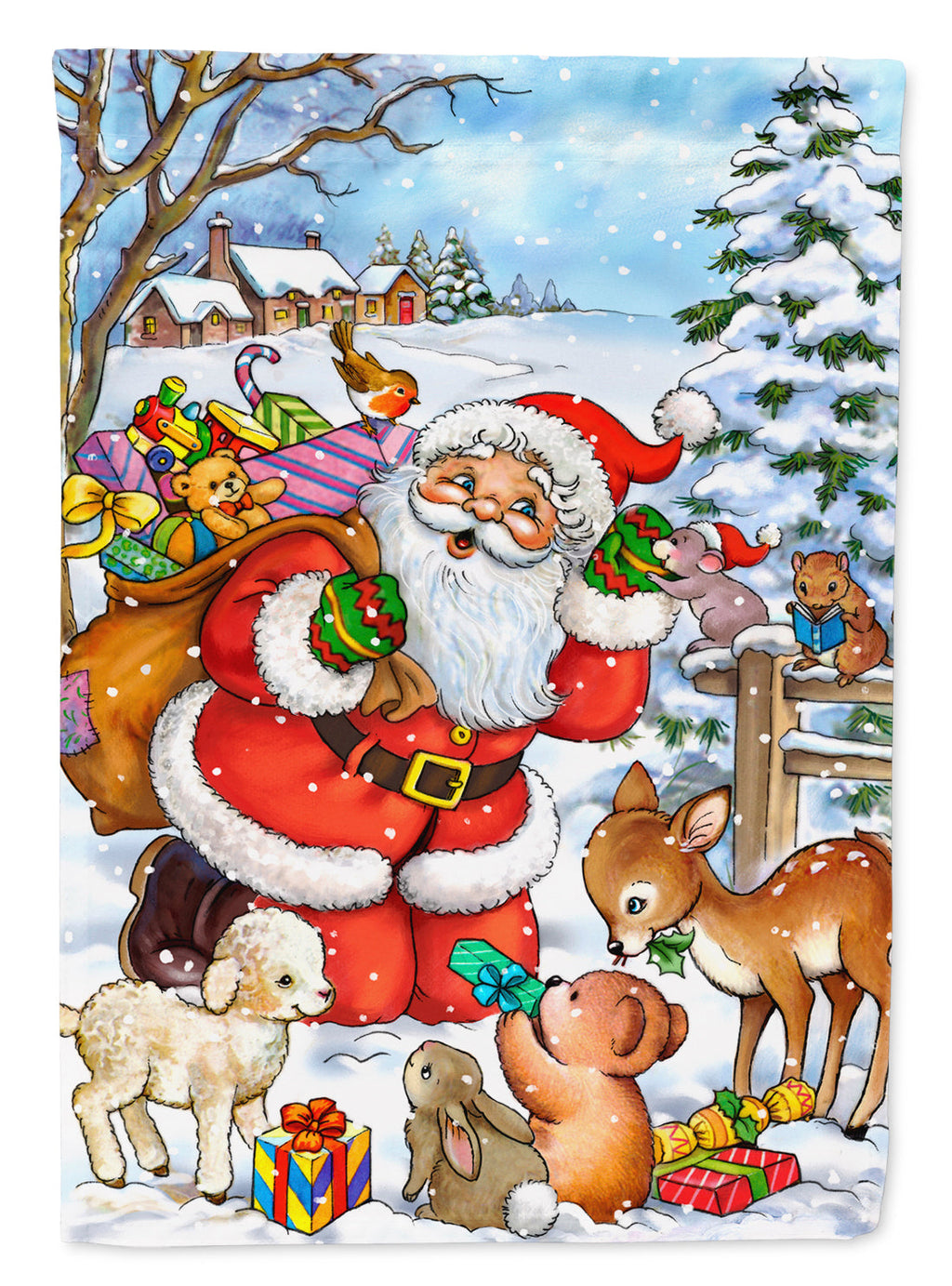 Christmas Santa Forrest Friends House Flag 28x40 Porch Sleeve Pole Decorative Outside Yard Banner Artwork Wall Hanging, Polyester