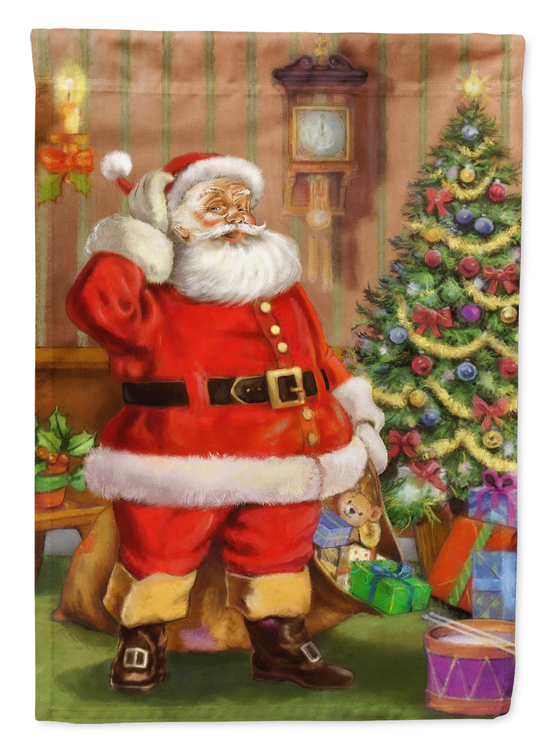 Christmas Santa by the Tree House Flag 28x40 Porch Sleeve Pole Decorative Outside Yard Banner Artwork Wall Hanging, Polyester