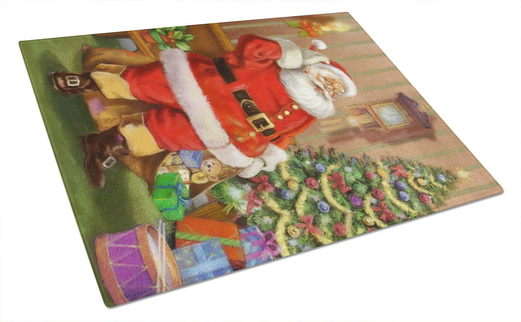 Christmas Santa by the Tree Cutting Board Tempered Glass Kitchen Cutting Surface, Heat Resistant Chopping, Non-Slip Feet, Food Prep & Serving