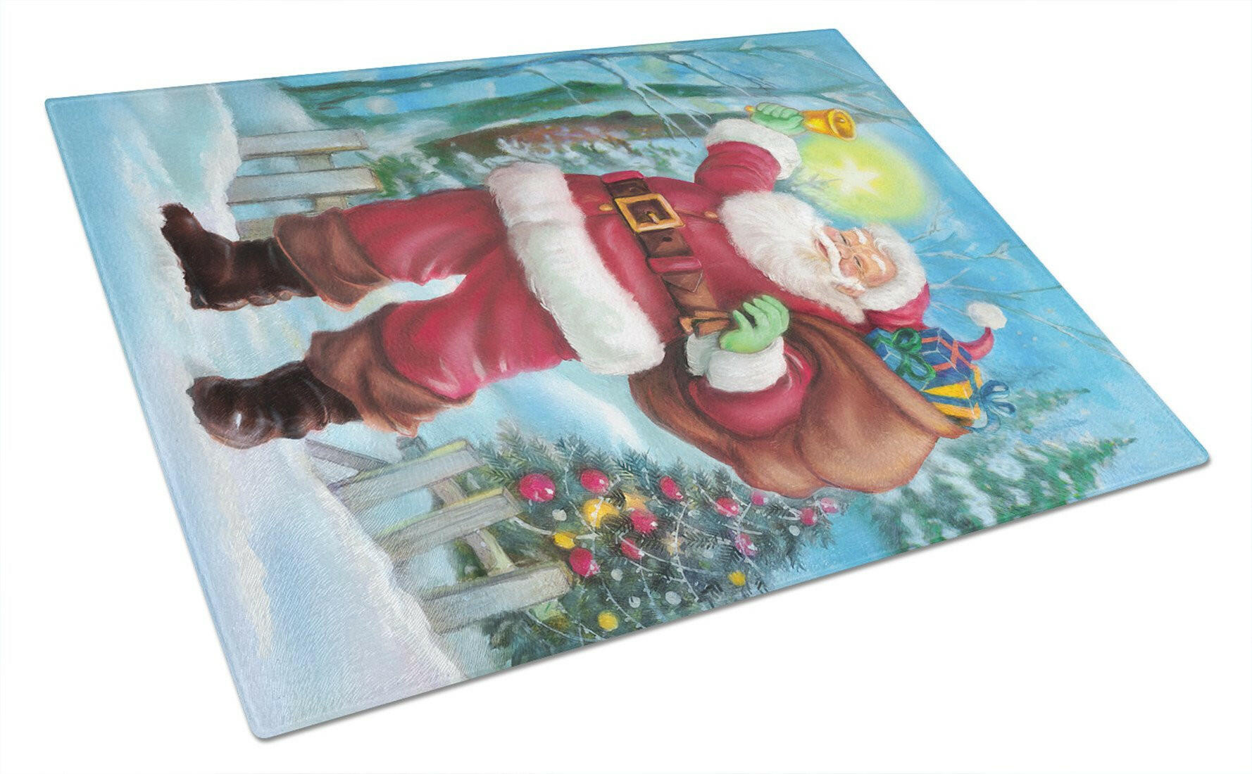 Christmas Santa Rining the Bell Cutting Board Tempered Glass Kitchen Cutting Surface, Heat Resistant Chopping, Non-Slip Feet, Food Prep & Serving