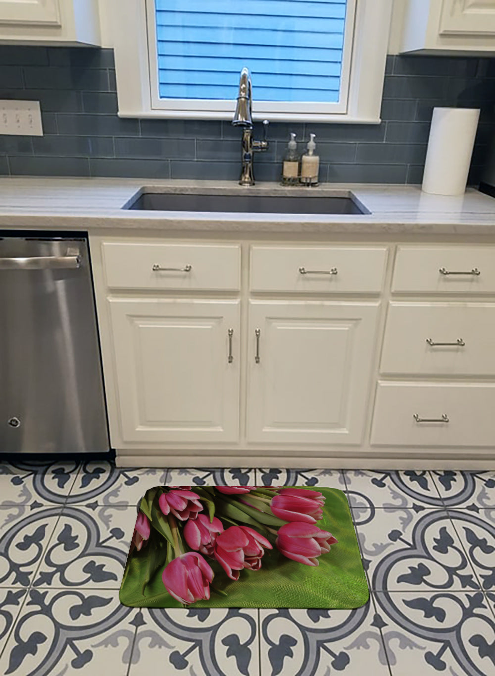 Pink Tulips Memory Foam Kitchen Mat Machine Washable Anti-Fatigue Cushion Comfort Bath or Kitchen Rug