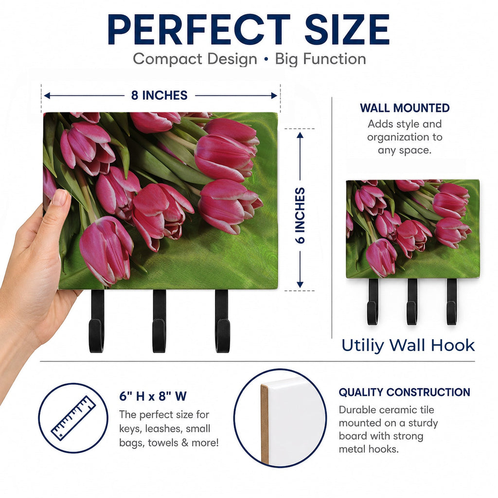 Pink Tulips Leash or Key Holder Wall Hooks, Coat Rack Wall Mount, for Hanging Keys, Towels, Aprons, Leashes